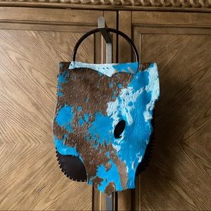 Brown Blue Leather Pony Hair Asymmetrical Bag